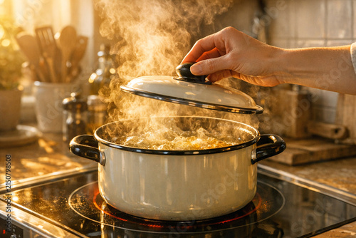 A person's hand gripping a spoon and stirring contents within a pot on the stove. Cooking scene with a focus on food preparation.