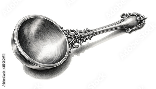 Elegant Ornate Silver Ladle with Intricate Handle.