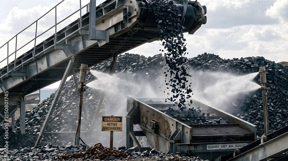 Fototapeta premium Industrial conveyor belt system transporting coal with water sprays for dust suppression in a mining facility