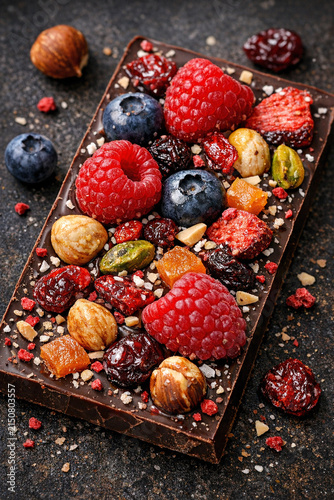 Colorful fruit and nut topping on chocolate bar