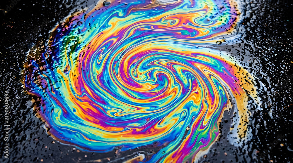Fototapeta premium Iridescent Oil Slick Swirl: A mesmerizing close-up showcases the vibrant, swirling colors of an oil slick, forming an abstract, iridescent pattern on a dark, wet surface.