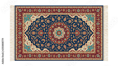 Traditional Persian rug with intricate floral patterns, vintage oriental carpet in red and blue, ornate textile floor covering with fringe