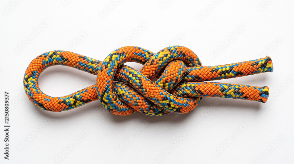 Naklejka premium Figure eight knot, colorful climbing rope on white background. Strong figure eight knot provides safety for outdoor activities, securing equipment. Ideal figure eight knot image for hobby instruction,