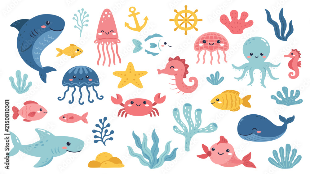 Naklejka premium Cute cartoon marine life and sea animals vector collection set isolated on white background