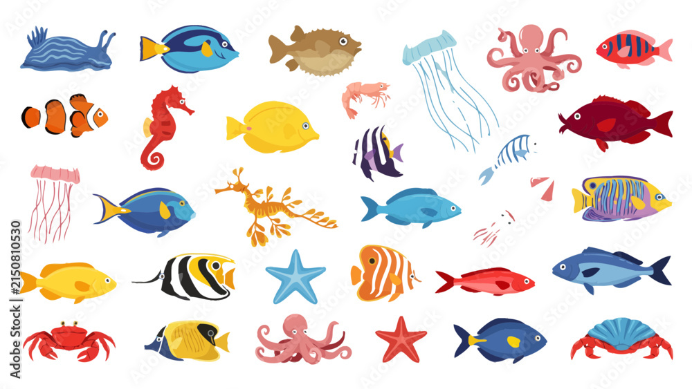Obraz premium Colorful cartoon sea fish and marine life vector collection isolated on white background