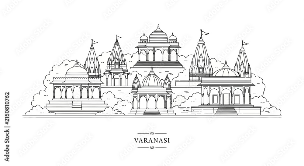 Obraz premium Varanasi skyline outline illustration, Indian temples and architecture, spiritual landmarks