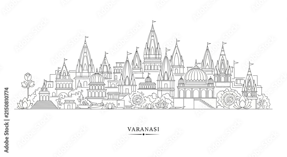 Fototapeta premium Varanasi Skyline Line Drawing - India Cityscape Art