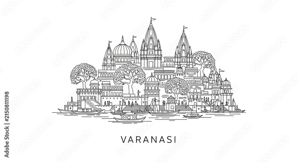 Obraz premium Varanasi Cityscape Sketch: Ganges River, Temples, Ghats, Boats, India