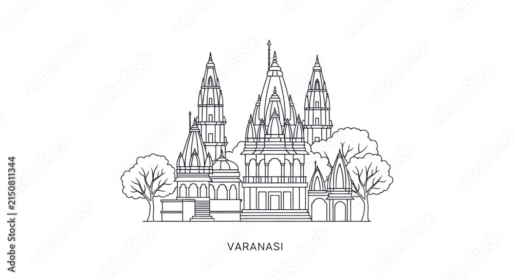 Fototapeta premium Varanasi India Temple Landmark Line Drawing Architecture
