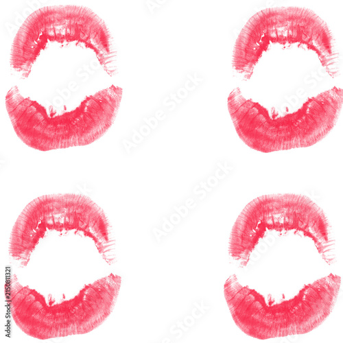 Four Red Lipstick Kiss Prints in Square Pattern on White Background — Open Mouth Lip Art

