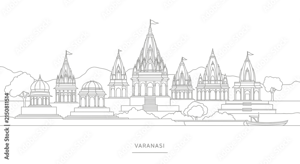 Fototapeta premium Varanasi skyline illustration, ancient temples, ghats, river Ganges, India landmark