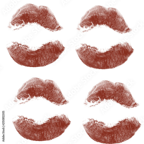 Four Red-Brown Lipstick Kiss Prints on White Background — Makeup Lips Cosmetic Art

