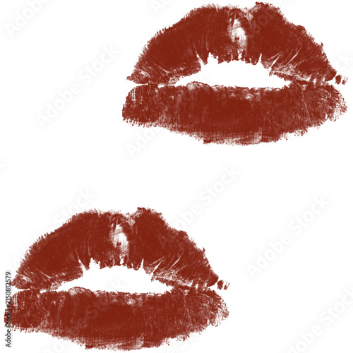 Deep Red-Brown Lipstick Kiss Prints on White Background — Nude Lip Cosmetics Art

