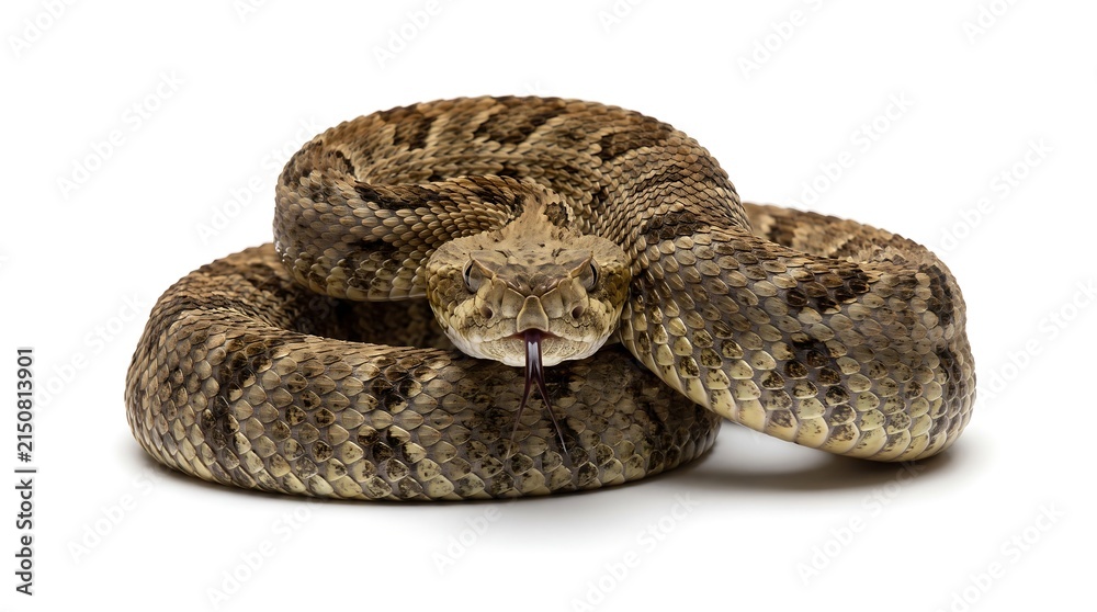 Obraz premium Coiled rattlesnake with tongue flicking out on white background.