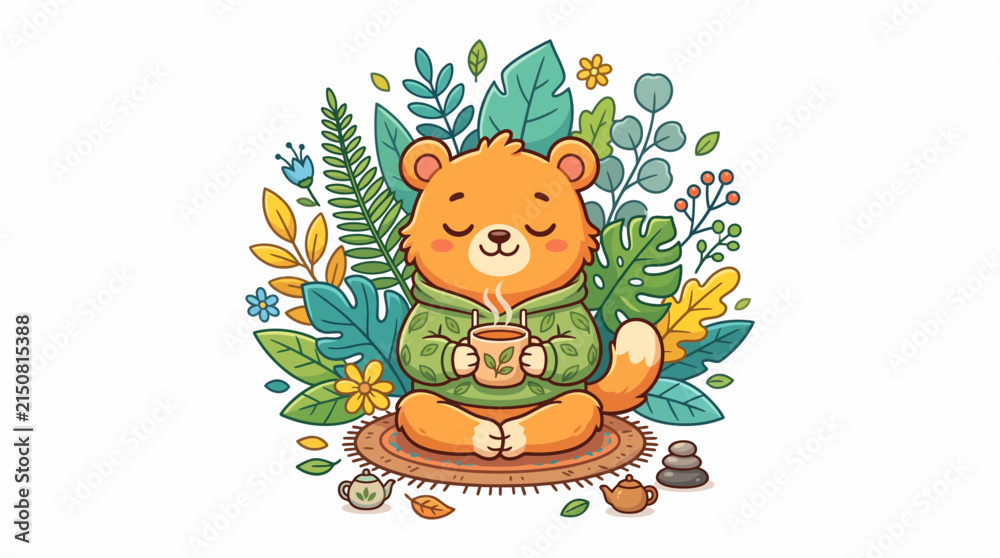 Fototapeta premium Cute Cartoon Bear Meditating and Drinking Hot Herbal Tea in Nature