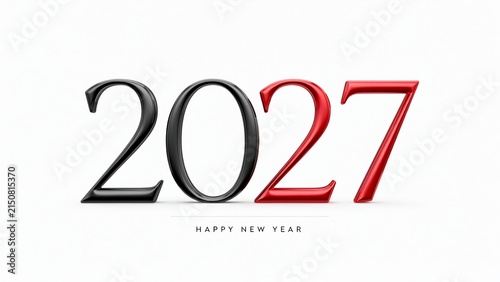 2027 Happy New Year 3D text, glossy black and red numbers on white background, elegant holiday celebration typography