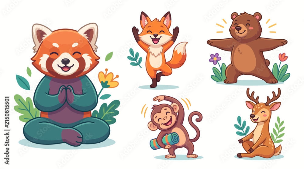 Naklejka premium Cute forest animals enjoying yoga and meditation in nature
