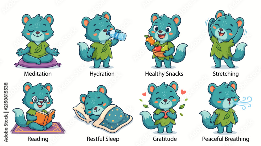 Fototapeta premium Adorable blue cartoon animal set performing daily self care activities