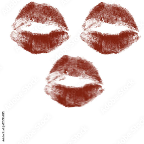 Dark Red Lipstick Kiss Prints on White Background — Passionate Love Cosmetics Art

