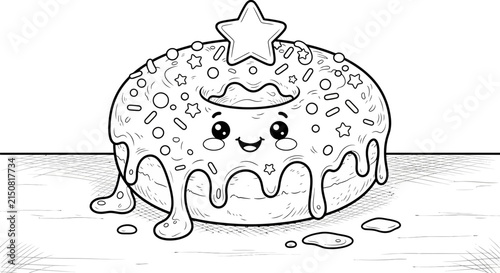 фотографія Cute cartoon donut with a star topper for coloring page activity.