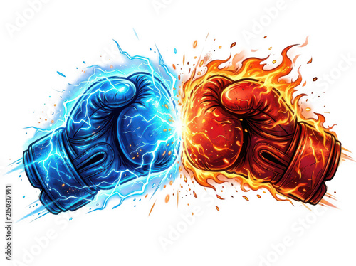 Boxing gloves with fire and electricity effects on transparent background
