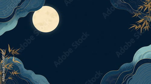 A sophisticated minimalist Japanese abstract night background featuring a full moon, gold bamboo silhouettes, and stylized blue waves with gold contour lines on a dark navy canvas.