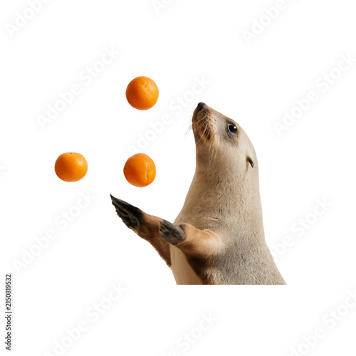 Playful otter juggling three oranges isolated on white background