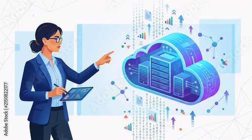 Wanita Profesional Mengelola Server Komputasi Awan dengan Tablet, Konsep Infrastruktur Cloud Data dan Integrasi Teknologi Informasi Perusahaan