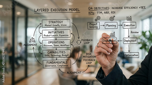 Business professional drawing a layered execution model and strategic workflow diagram on a glass wall in modern office.