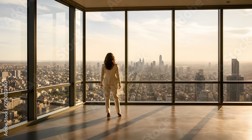 Successful businesswoman looking at the city skyline from a high-rise office window during sunset