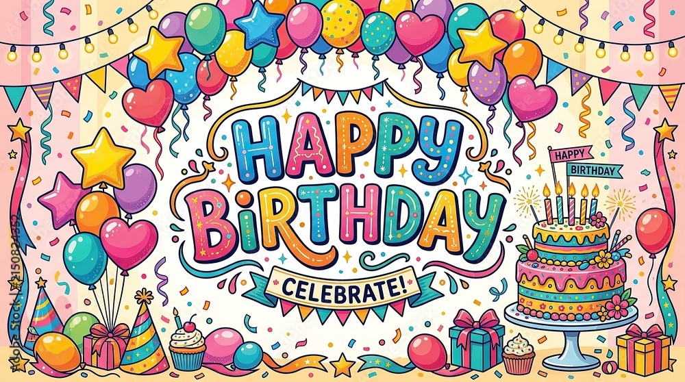 Fototapeta premium Happy Birthday celebration banner with colorful balloons, confetti and decorated cake