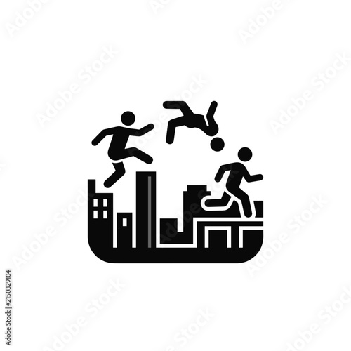 Urban parkour athletes performing acrobatic moves over city buildings.
