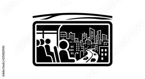 View from a moving vehicle of a city skyline.