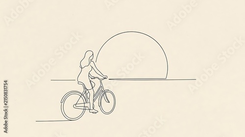 Minimalist continuous line drawing of woman cycling at sunset.