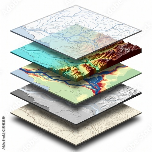 Isometric 3D GIS Map Layers Representing Geographic Information System Data.