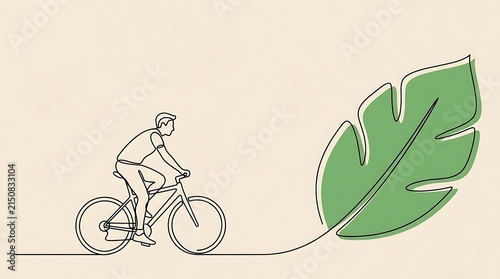Minimalist line art of cyclist and green leaf.
