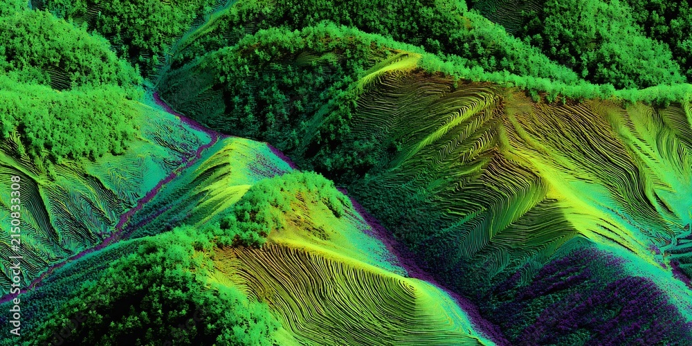 Fototapeta premium Aerial Topographic Elevation Map of Mountainous Terraced Terrain in Vibrant Green and Purple