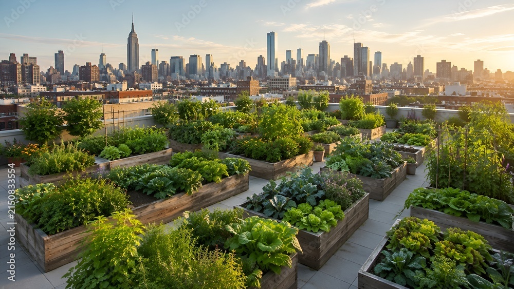 Fototapeta premium Photorealistic Aerial View of Rooftop Vegetable Garden with City Skyline Backdrop