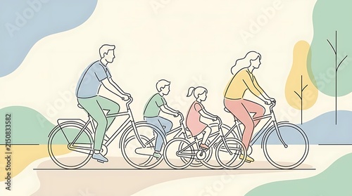 Minimalist line illustration of family cycling in park