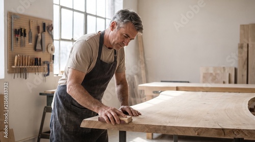 Craftsman sanding wooden tabletop in bright sunlit workshop for furniture restoration