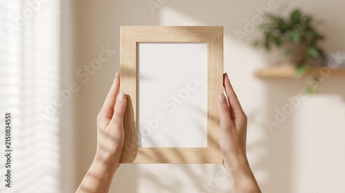 Hands holding empty wooden picture frame for mockup display in bright home interior
