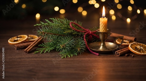 Christmas candle with pine branches and cinnamon sticks on a rustic wooden table background