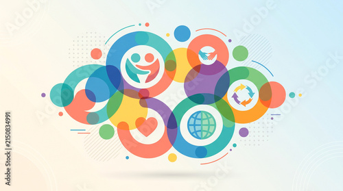 Abstract colorful interconnected circles illustrating global community collaboration unity diversity togetherness concepts modern graphic design art with abstract composition overlapping