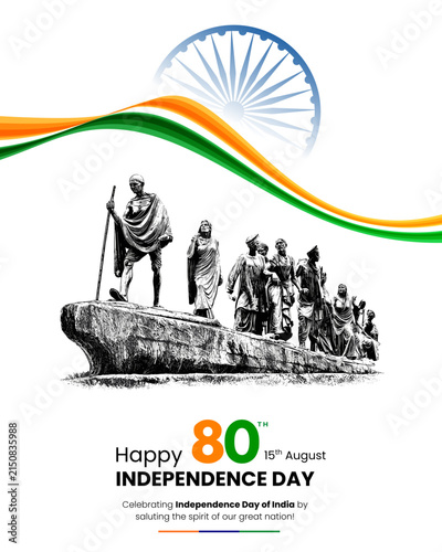 Happy 80th Indian Independence Day Vector Illustration – August 15th Banner with Mahatma Gandhi Dandi March Monument, Tricolor Wavy Ribbon, and Ashoka Chakra
