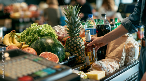 Close-up of groceries arranged on a supermarket checkout conveyor belt