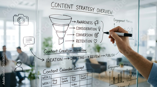 Business professional drawing a content strategy marketing funnel on a glass whiteboard in an office.
