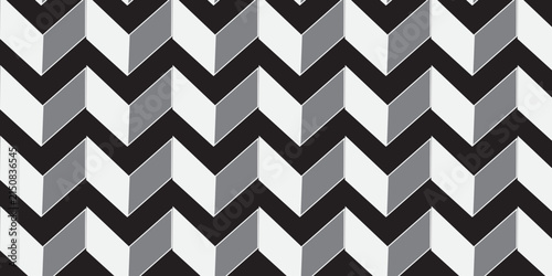 Geometric chevron pattern with 3D effect. Seamless black and white zigzag texture. Modern optical illusion vector background for textile design.