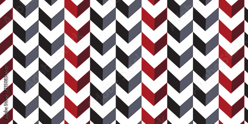 Geometric chevron seamless pattern, red and black herringbone vector background, modern zigzag textile design for wallpaper and fabric