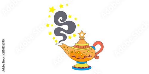 Magic genie lamp vector illustration, golden oil lamp with smoke and stars, mythical Arabian night object for fairy tales