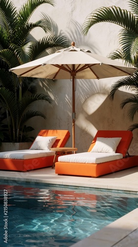 Vibrant Poolside Retreat with Orange Sun Loungers, Umbrella, and Palm Tree Shadows